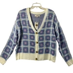 No Comment Cardigan Sweater Womens Medium Blue‎ White Purple Floral Artsy NWT